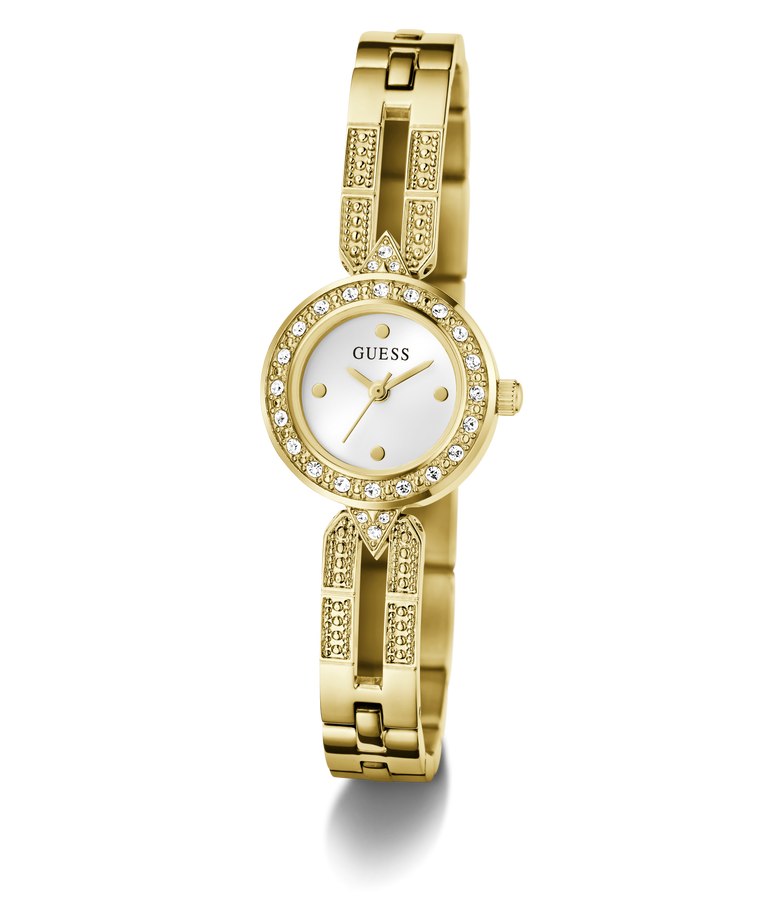 Gold watch with white face and Guess logo on a white background