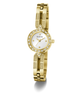 Gold watch with white face and Guess logo on a white background