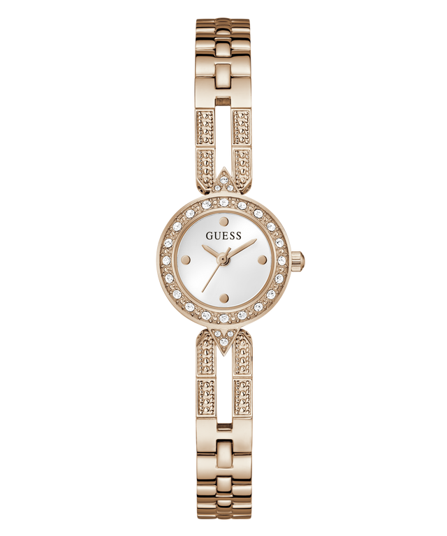 Rose gold GUESS Ladies Rose Gold Tone Analog Watch with a white face on a white background