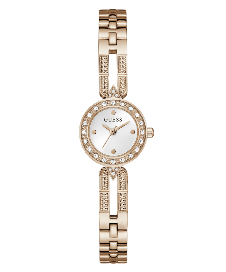 Rose gold GUESS Ladies Rose Gold Tone Analog Watch with a white face on a white background