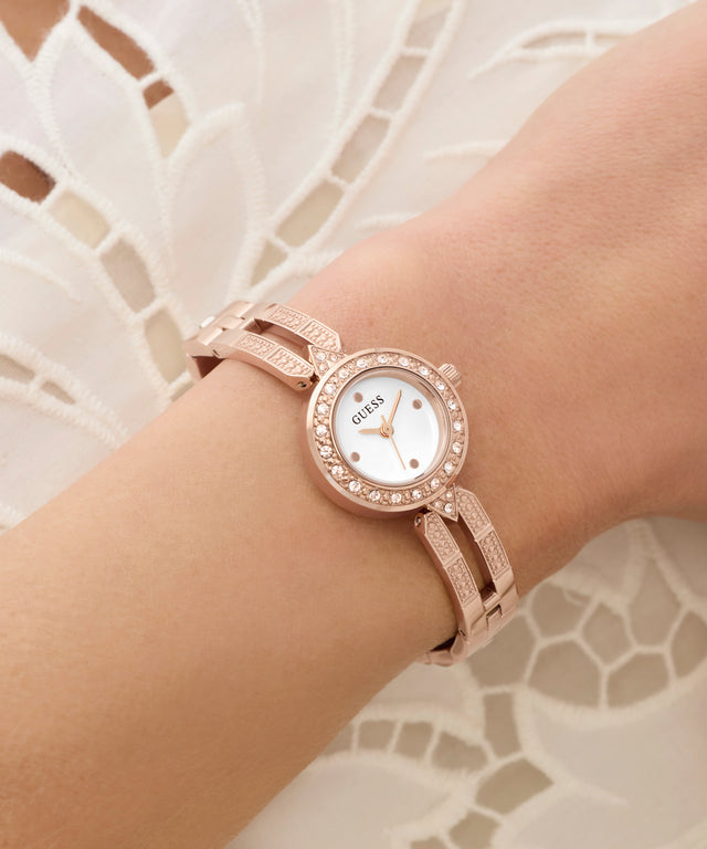 GUESS Ladies Rose Gold Tone Analog Watch on wrist