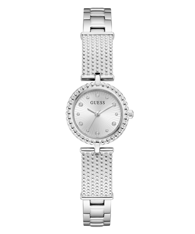 Silver GUESS Ladies Silver Tone Analog Watch with a textured band on a white background