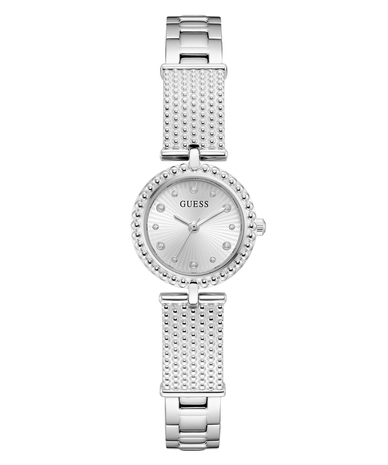 Silver GUESS Ladies Silver Tone Analog Watch with a textured band on a white background