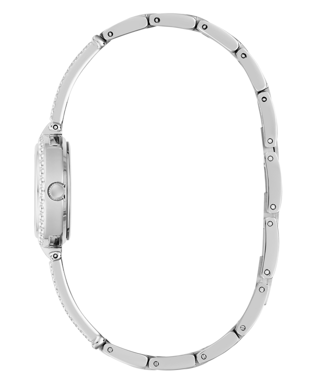 Silver watch with a detailed band on a white background