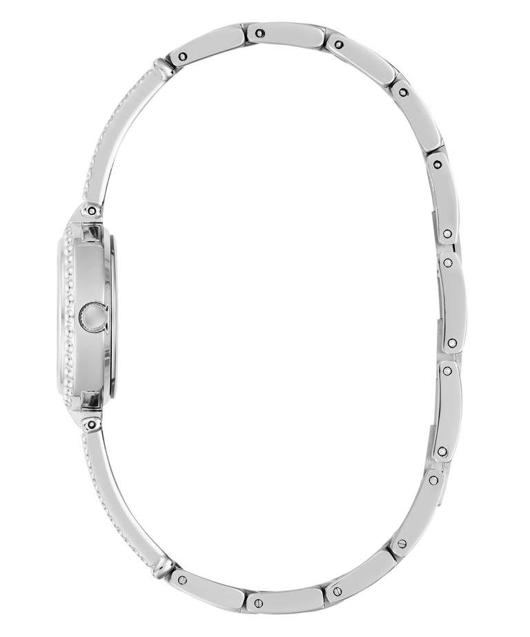 Silver watch with a detailed band on a white background