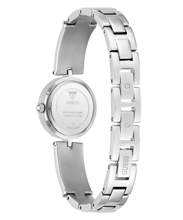Silver Guess watch with a white background