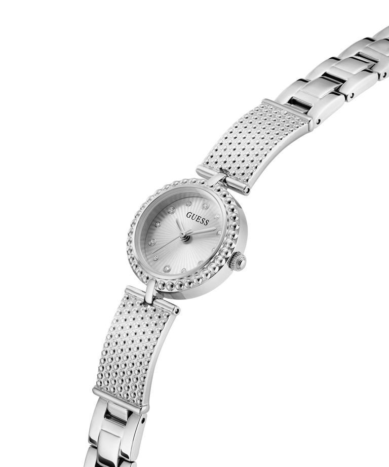 Silver GUESS Ladies Silver Tone Analog Watch with detailed band on a white background lifestyle