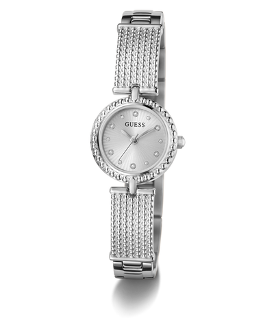 Silver Guess watch with mesh band on a white background