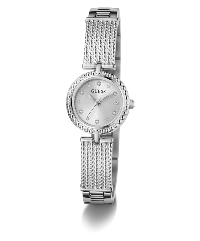 Silver Guess watch with mesh band on a white background