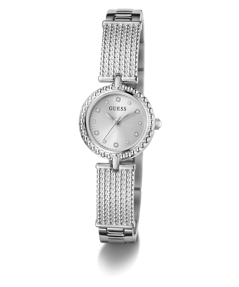 Silver Guess watch with mesh band on a white background