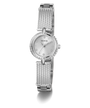 Silver Guess watch with mesh band on a white background