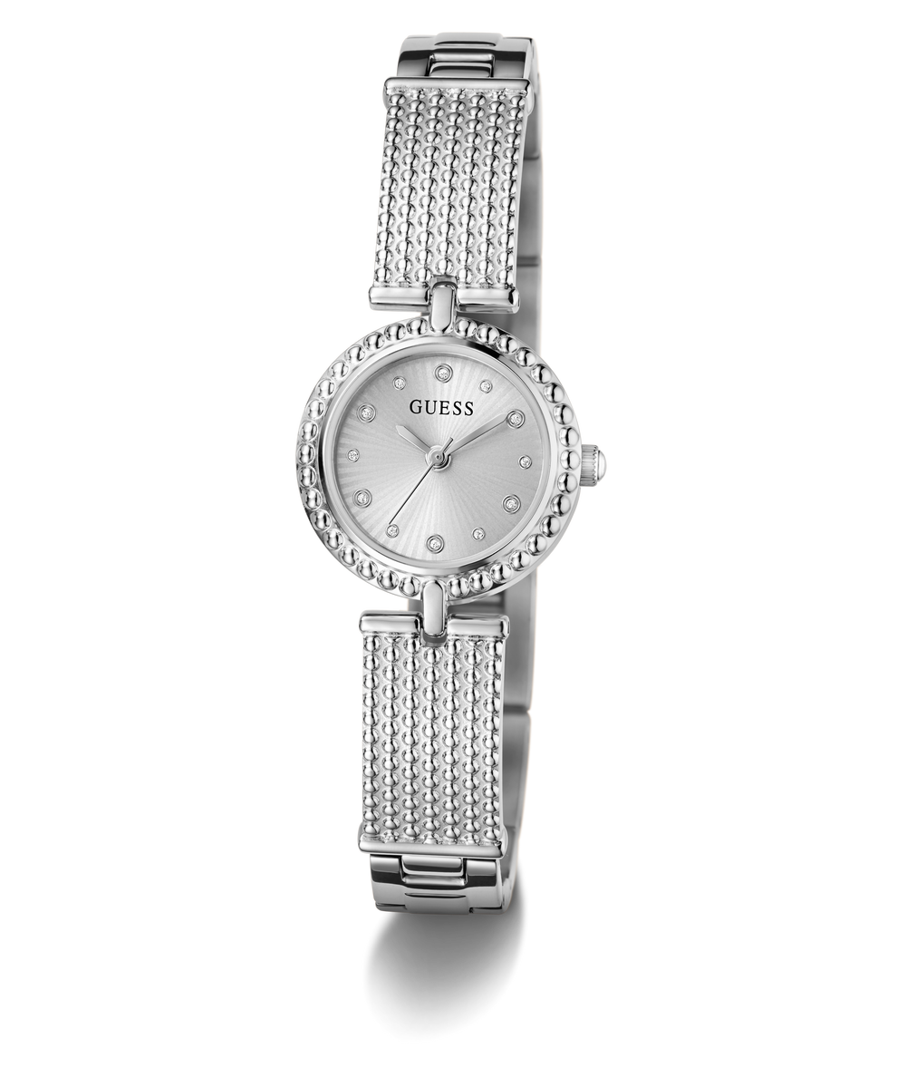 Silver Guess watch with mesh band on a white background