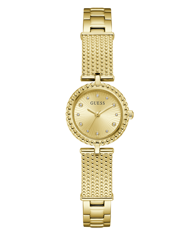 Gold GUESS Ladies Gold Tone Analog Watch with a textured band on a white background