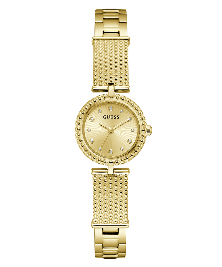 Gold GUESS Ladies Gold Tone Analog Watch with a textured band on a white background
