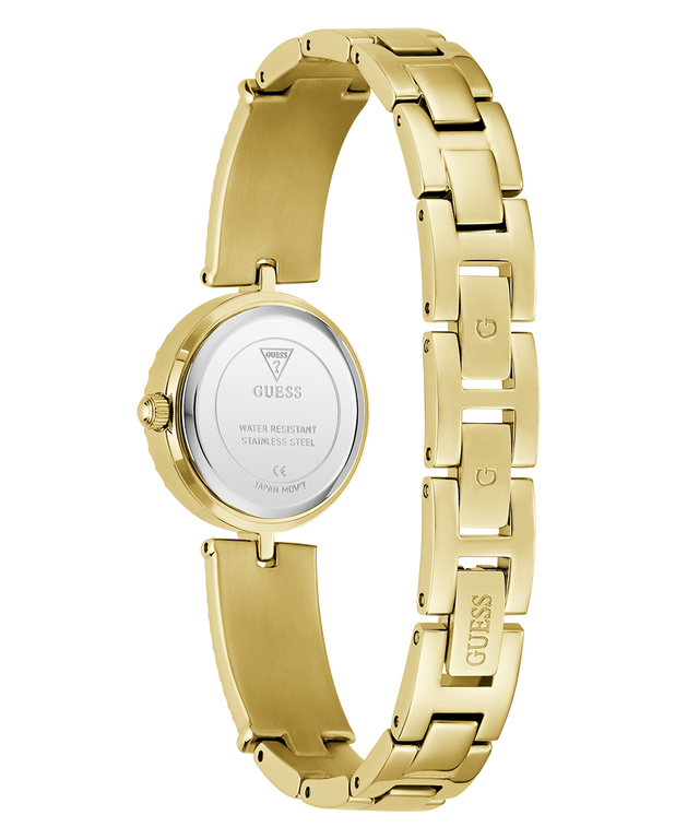 Gold GUESS Ladies Gold Tone Analog Watch with visible brand logo on a white background