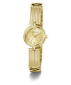 Gold GUESS Ladies Gold Tone Analog Watch with a chain-like band on a white background