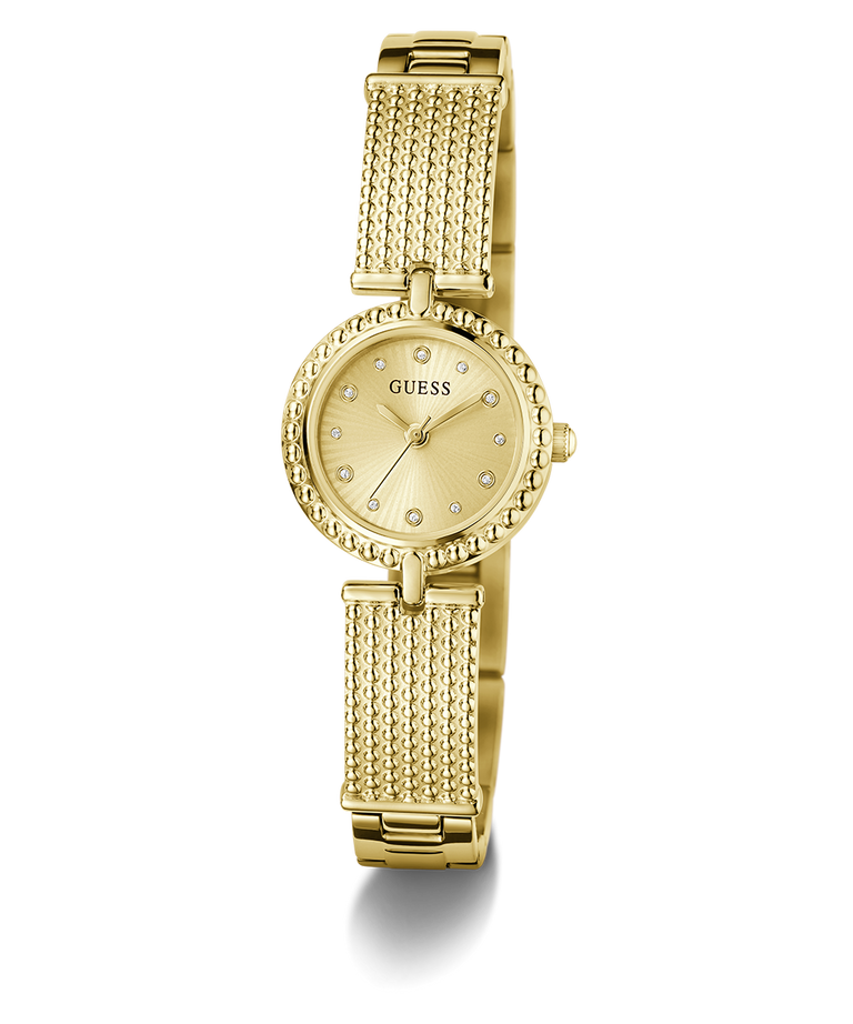 Gold GUESS Ladies Gold Tone Analog Watch with a chain-like band on a white background