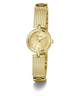 Gold GUESS Ladies Gold Tone Analog Watch with a chain-like band on a white background