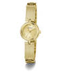 Gold GUESS Ladies Gold Tone Analog Watch with a chain-like band on a white background