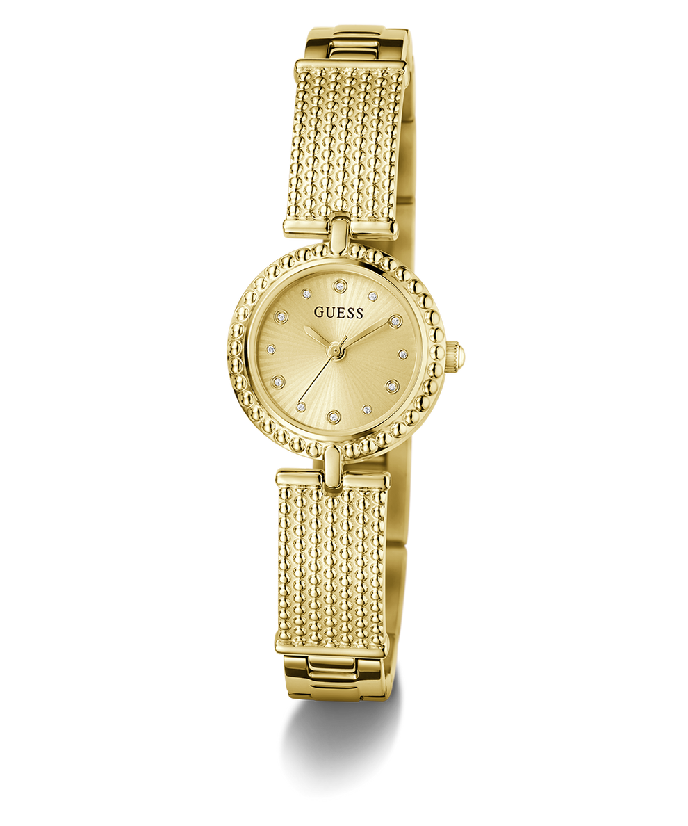 Gold GUESS Ladies Gold Tone Analog Watch with a chain-like band on a white background