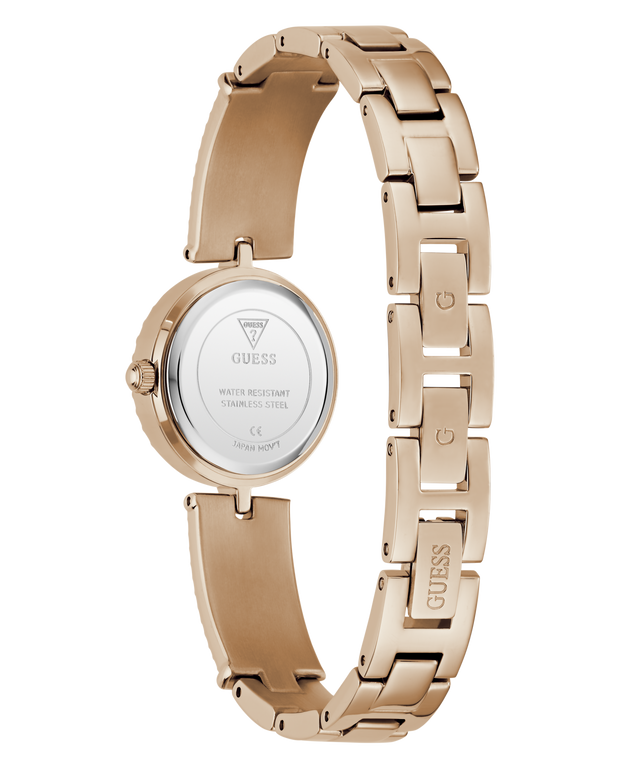 GUESS Ladies Rose Gold Tone Analog Watch with visible brand logo on a clear background