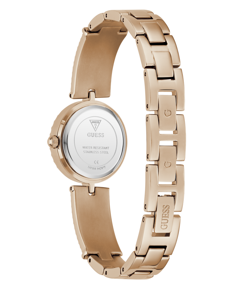 GUESS Ladies Rose Gold Tone Analog Watch with visible brand logo on a clear background