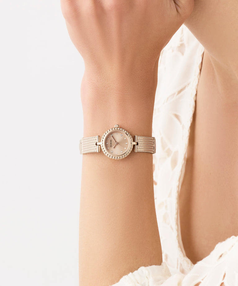 GUESS Ladies Rose Gold Tone Analog Watch on wrist