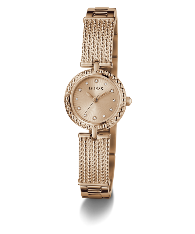 GUESS Ladies Rose Gold Tone Analog Watch with diamond-like accents on a white background