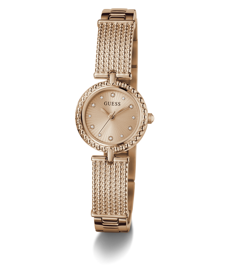 GUESS Ladies Rose Gold Tone Analog Watch with diamond-like accents on a white background