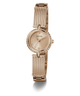 GUESS Ladies Rose Gold Tone Analog Watch with diamond-like accents on a white background