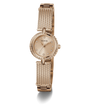 GUESS Ladies Rose Gold Tone Analog Watch with diamond-like accents on a white background