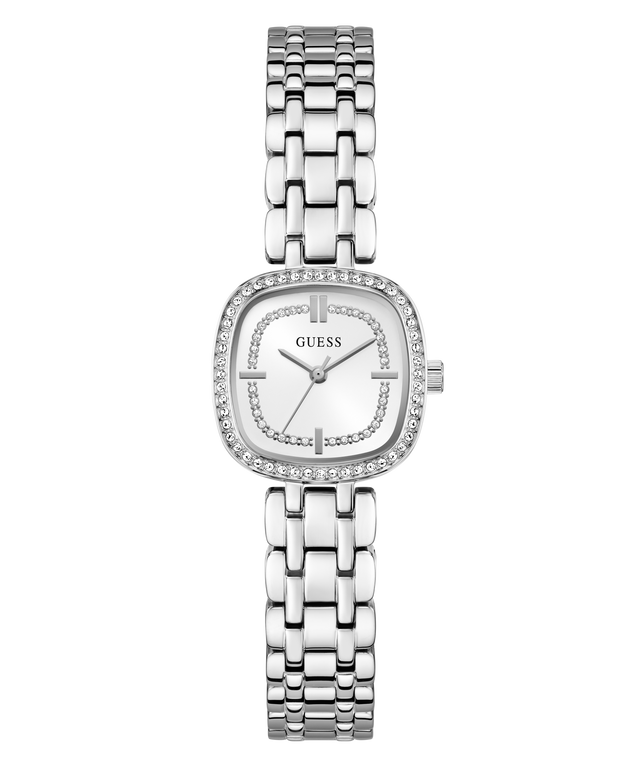 GUESS Ladies Hazel Silver Tone Analog Watch with a white face on a white background