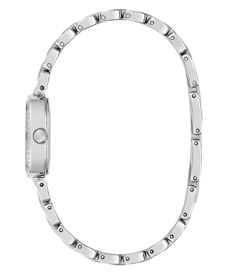 Silver watch with a bracelet-style strap on a white background