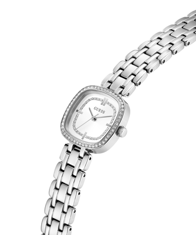 Silver watch with a diamond-studded face on a white background lifestyle