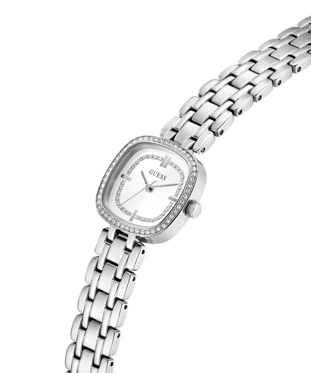 Silver watch with a diamond-studded face on a white background lifestyle