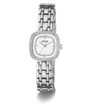 GUESS Ladies Hazel Silver Tone Analog Watch with a white face on a white background
