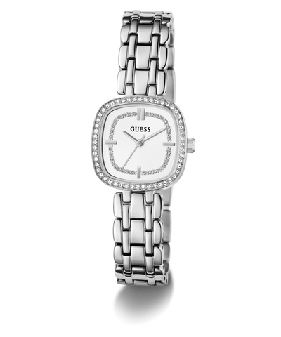 GUESS Ladies Hazel Silver Tone Analog Watch with a white face on a white background