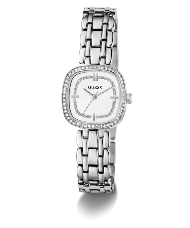 GUESS Ladies Hazel Silver Tone Analog Watch with a white face on a white background