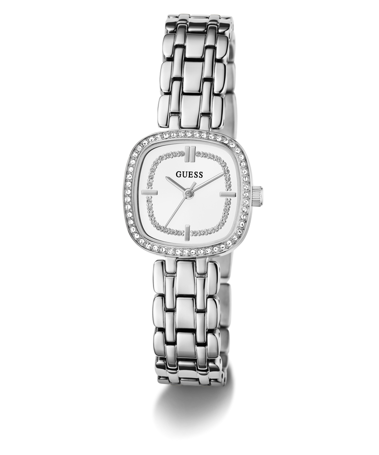 GUESS Ladies Hazel Silver Tone Analog Watch with a white face on a white background