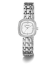 GUESS Ladies Hazel Silver Tone Analog Watch with a white face on a white background
