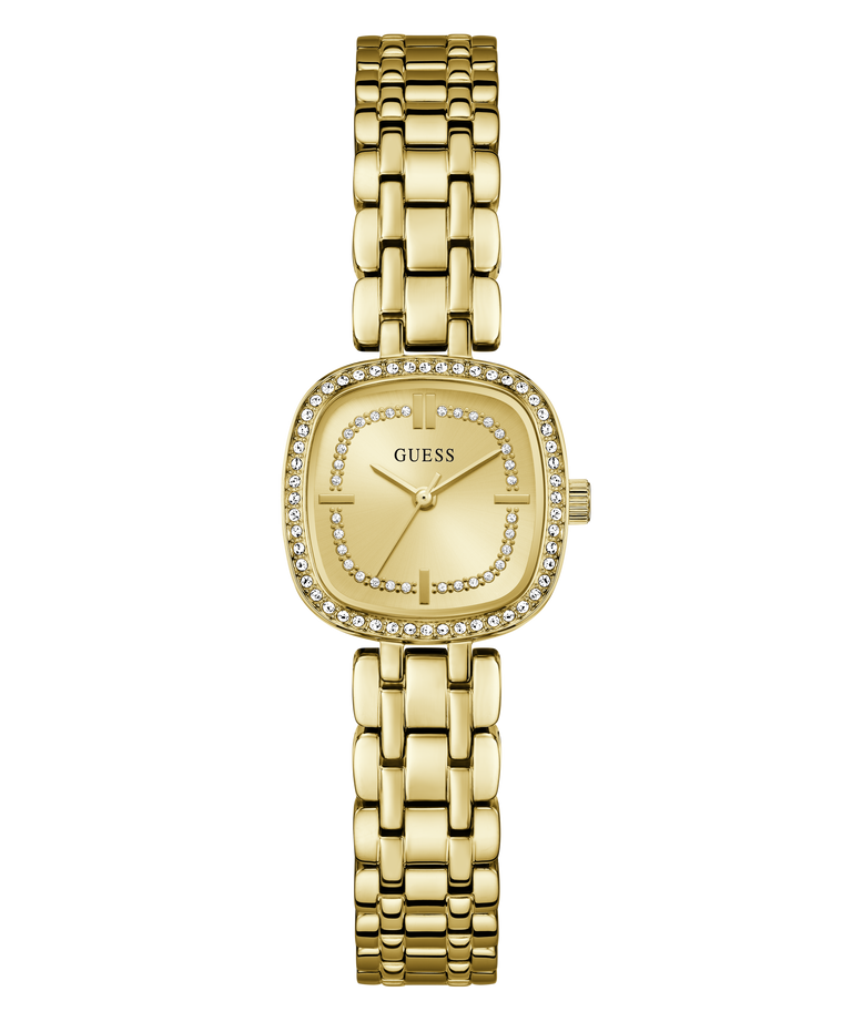 Gold watch with diamond-studded face on a white background