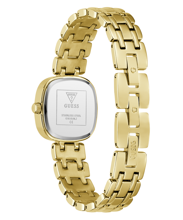 GUESS Ladies Hazel Gold Tone Analog Watch with a visible brand logo on a white background