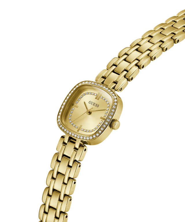 Gold watch with diamond-studded face on a white background lifestyle