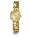 GUESS Ladies Hazel Gold Tone Analog Watch with diamond-studded face on a white background