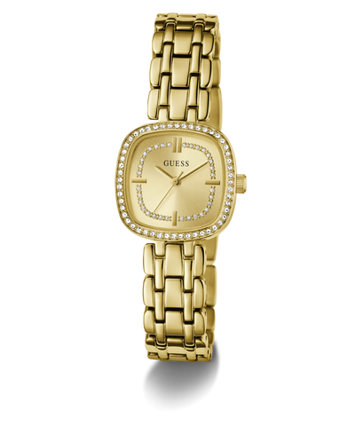 GUESS Ladies Hazel Gold Tone Analog Watch with diamond-studded face on a white background
