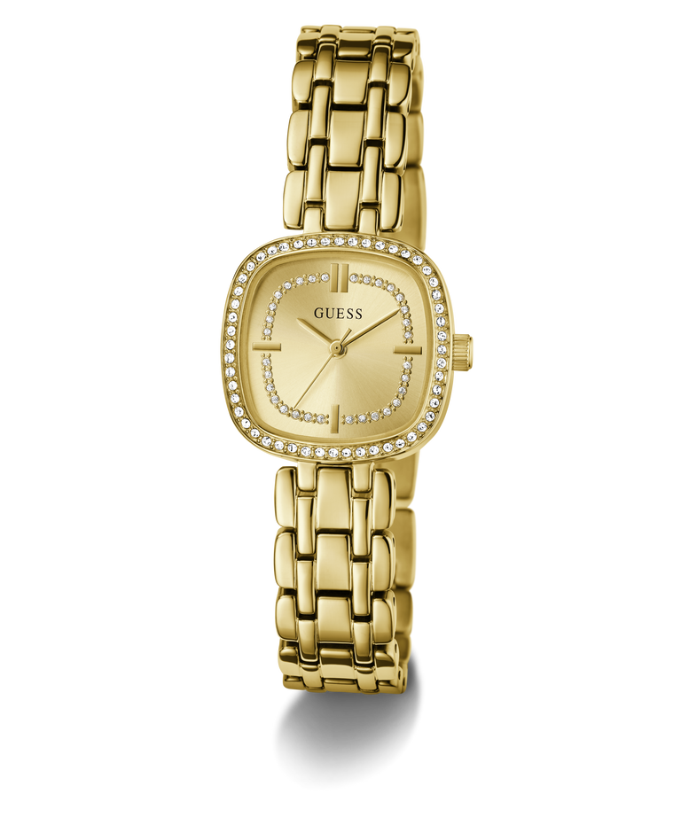 GUESS Ladies Hazel Gold Tone Analog Watch with diamond-studded face on a white background