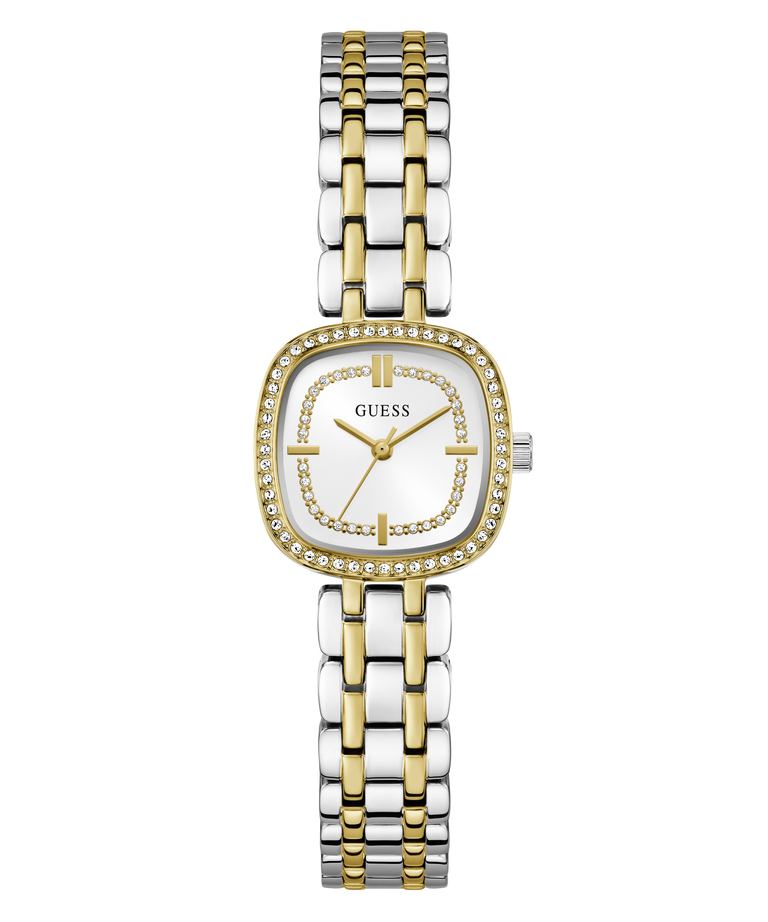 GUESS Ladies Hazel 2-Tone Analog Watch with gold and silver bracelet on a white background