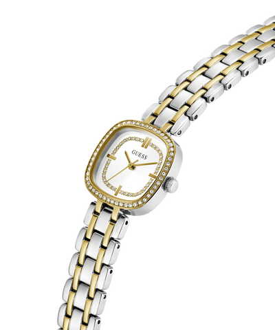 Two-tone watch with a gold and silver bracelet on a white background lifestyle
