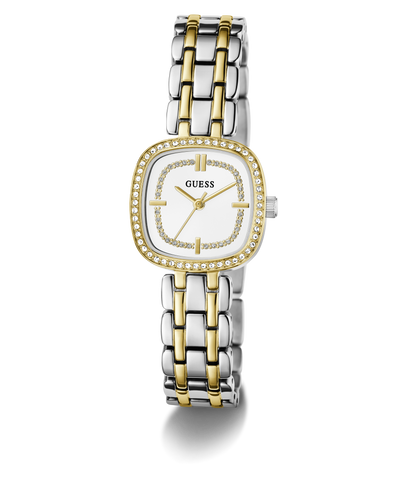 GUESS Ladies Hazel 2-Tone Analog Watch with a white face on a white background