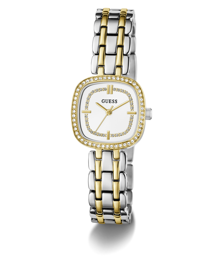 GUESS Ladies Hazel 2-Tone Analog Watch with a white face on a white background
